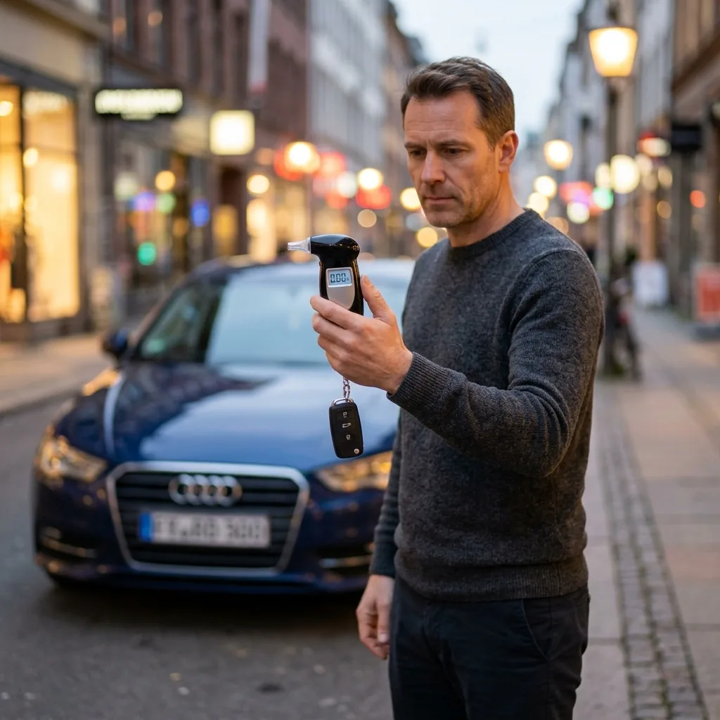 Responsible driver checking SoberBreath pocket tester by car at night